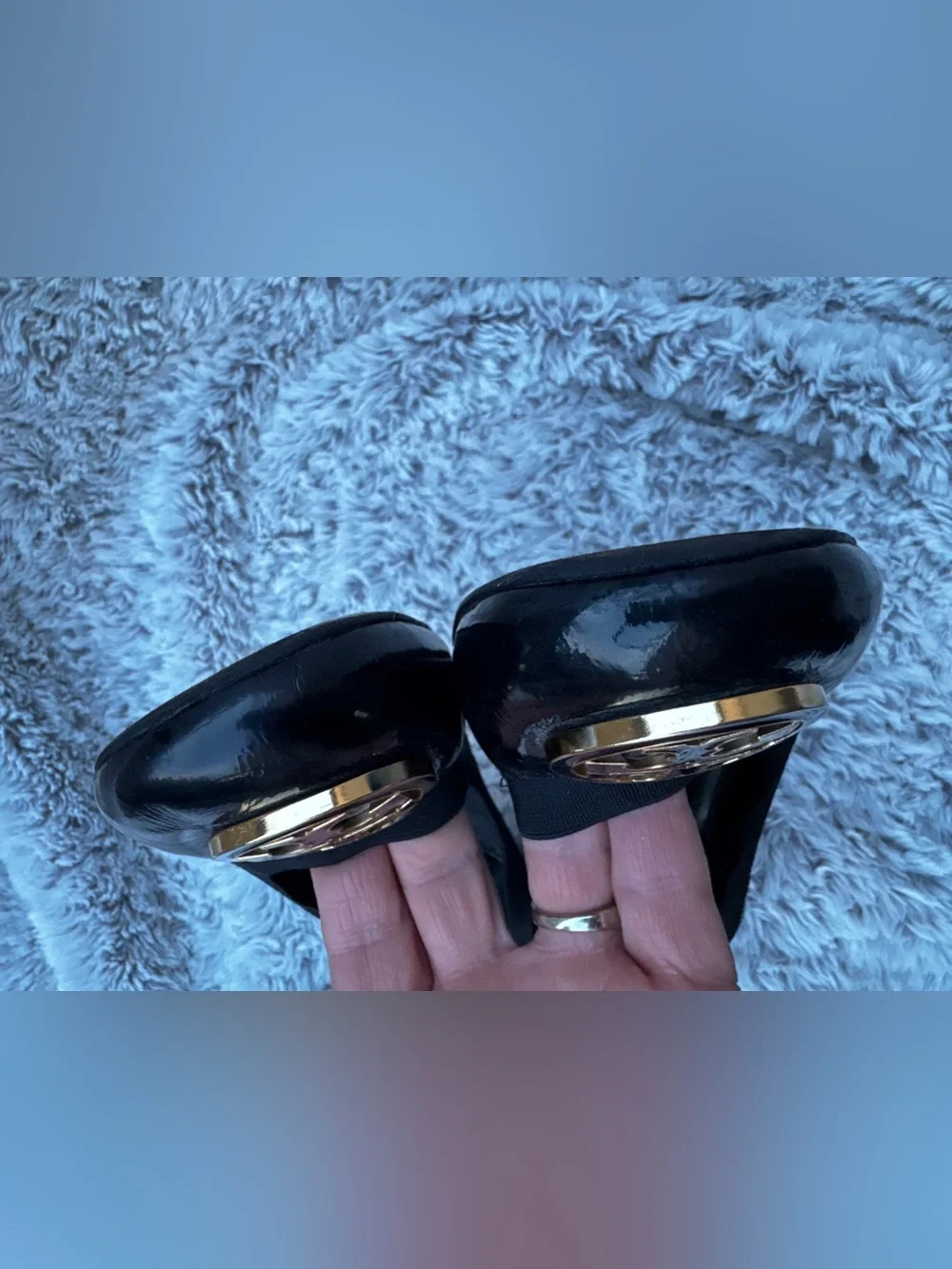 Tory Burch Black Patent Leather Logo Heels with Gold Emblem